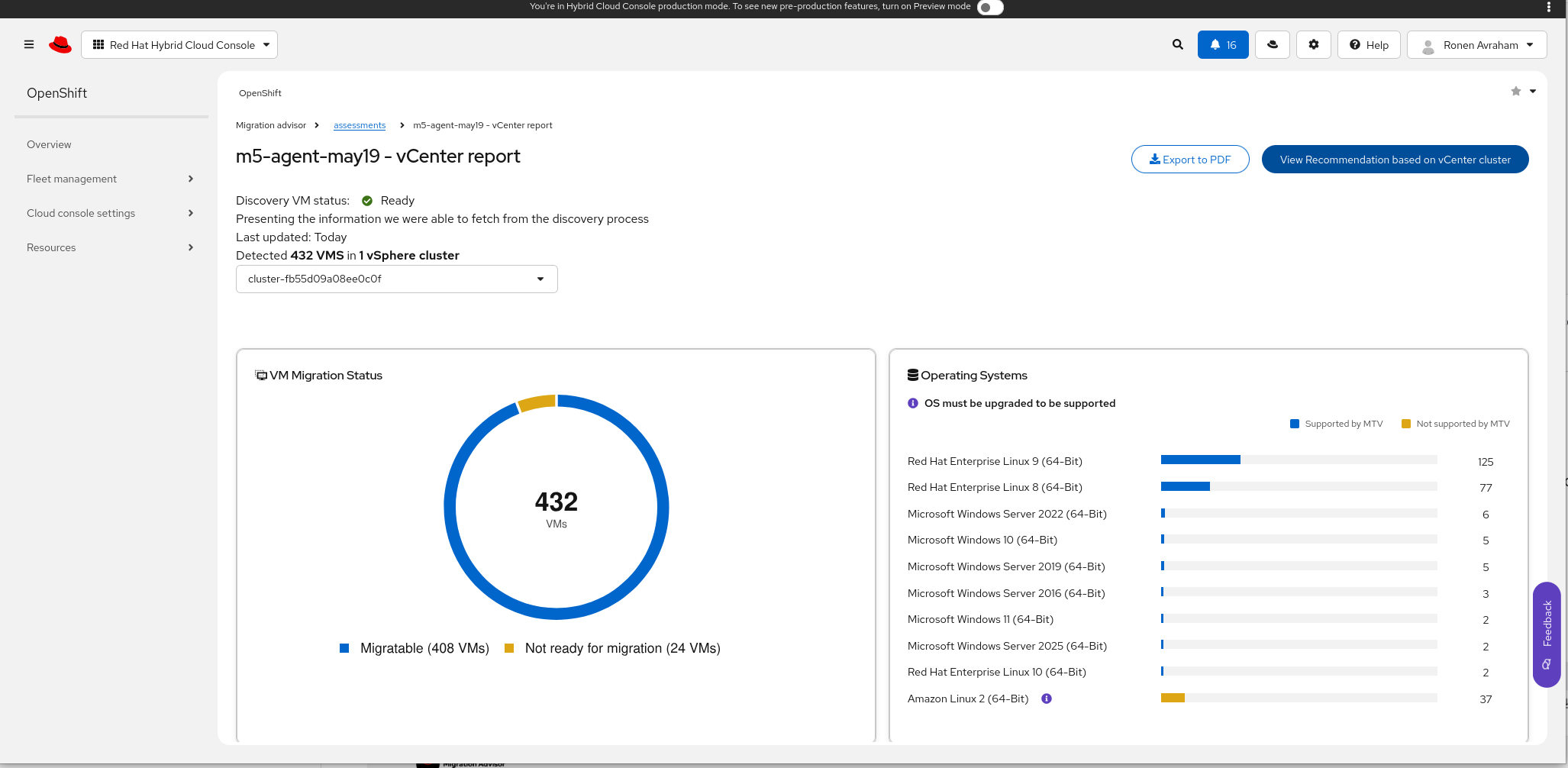 vCenter report — select a cluster and open recommendations