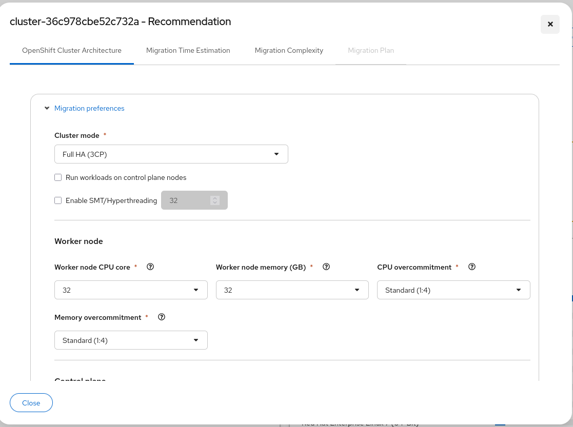 Recommendation page — migration preferences and worker node settings