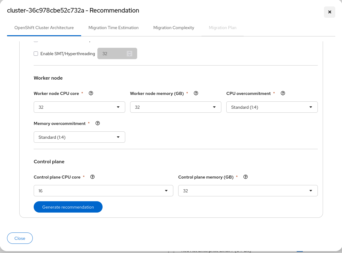 Recommendation page — worker node, control plane, and Generate recommendation